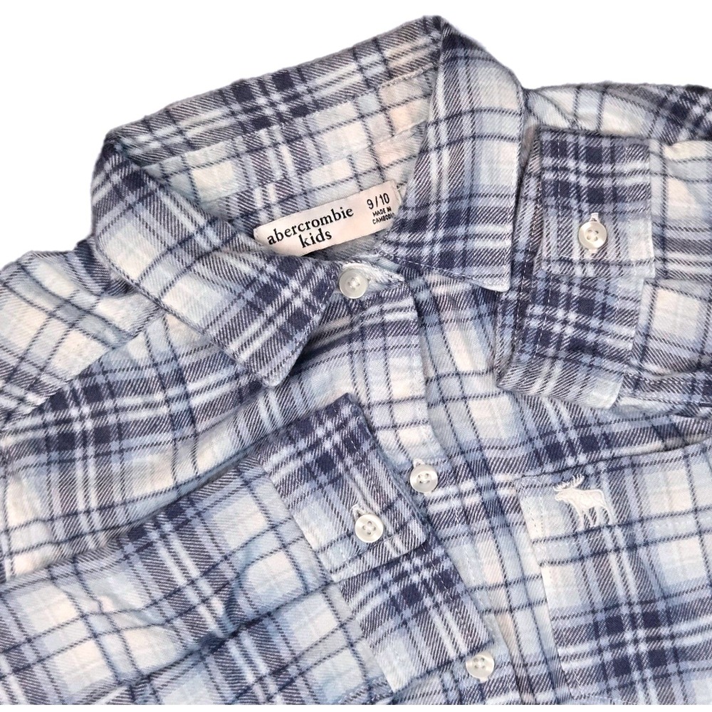 Abercrombie Kids Blue White Plaid Flannel Button Down Shirt Moose Logo Size 9/10
